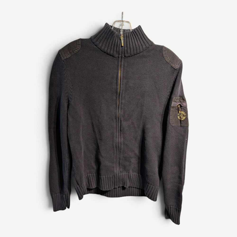 Lauren Ralph Lauren Sweater Womens Medium Black Full Zip Mock Neck Chunky-Knit